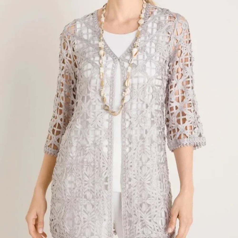 Chico's Travelers Open Knit Soutache Jacket Duster Womens 1 US Med 8/10 Gray